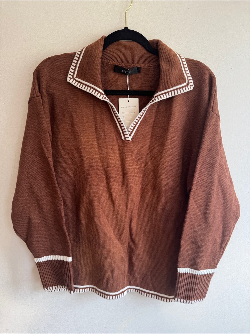 Chestnut Brown V-Neck Polo Sweater with White Trim